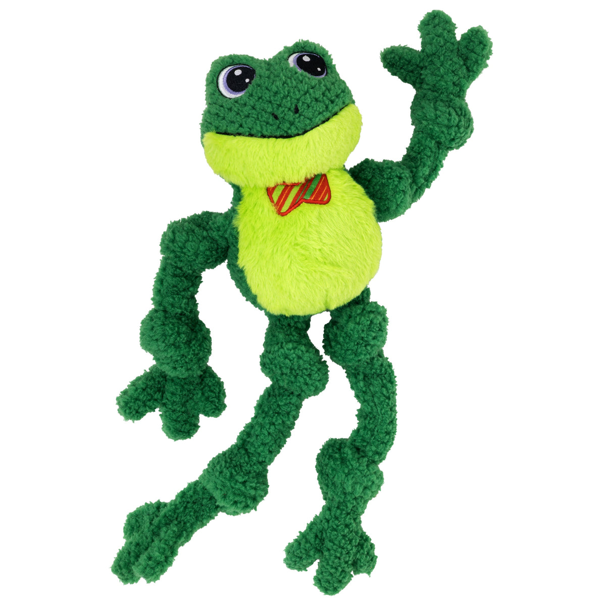 Kong Holiday Knots Bow Tie Frog Dog Toy - Green plush frog with striped bow tie, waving - Kong - PetMax Canada