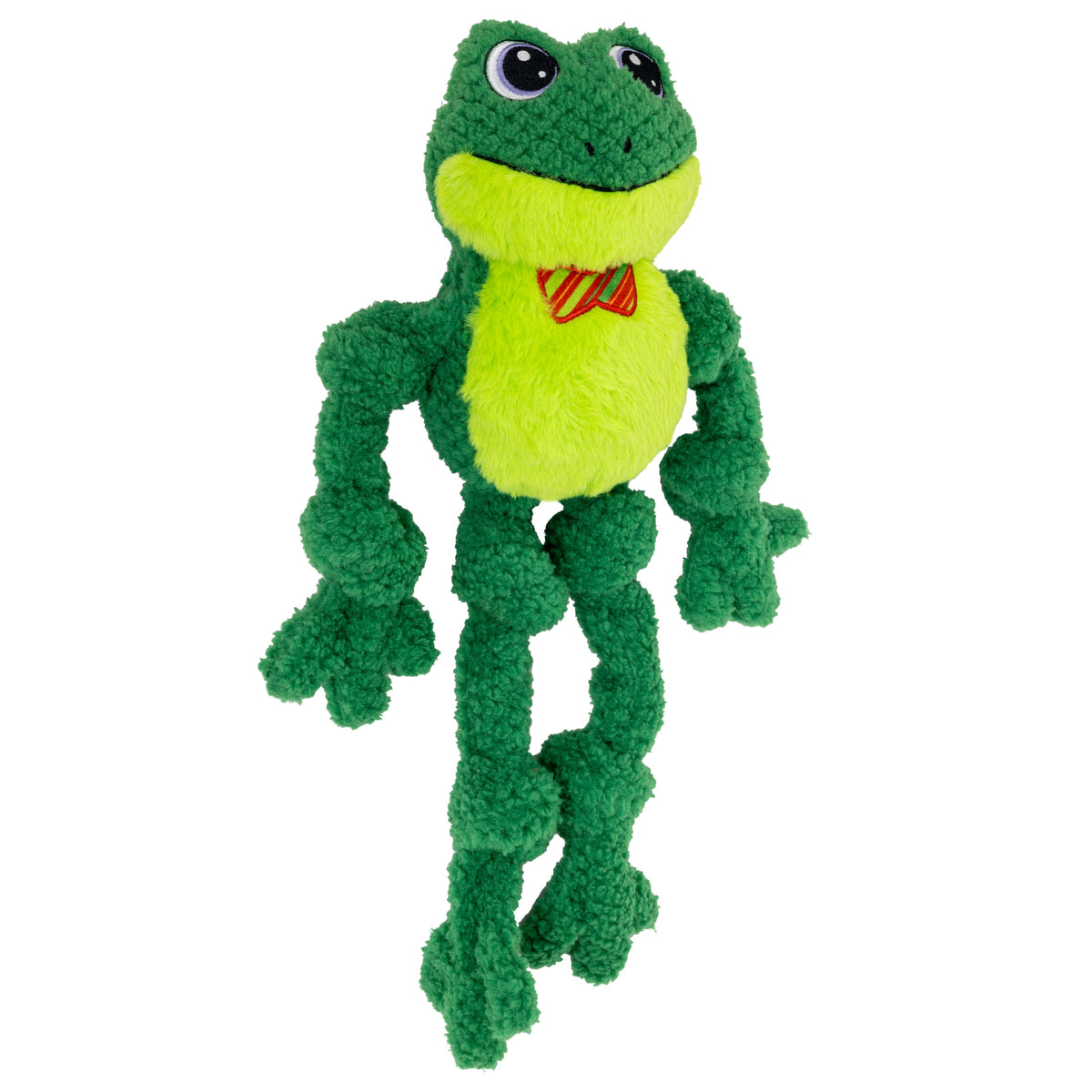 Kong Holiday Knots Bow Tie Frog Dog Toy - Side angle showing long knotted arms and legs - Kong - PetMax Canada