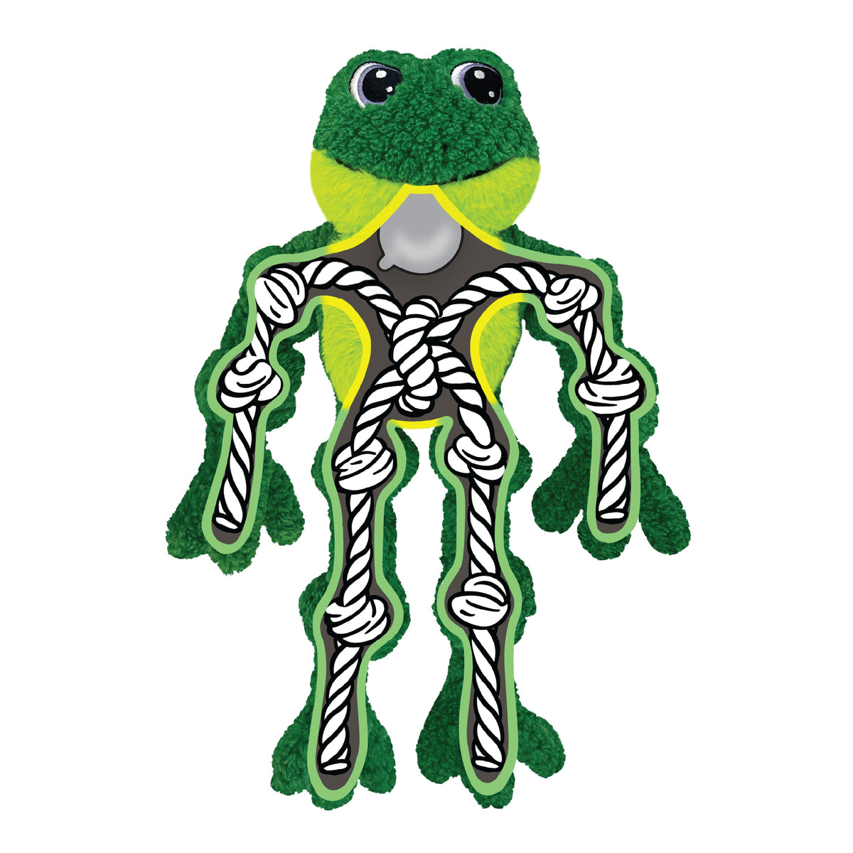 Kong Holiday Knots Bow Tie Frog Dog Toy - Cutaway showing internal knotted rope skeleton and squeaker - Kong - PetMax Canada