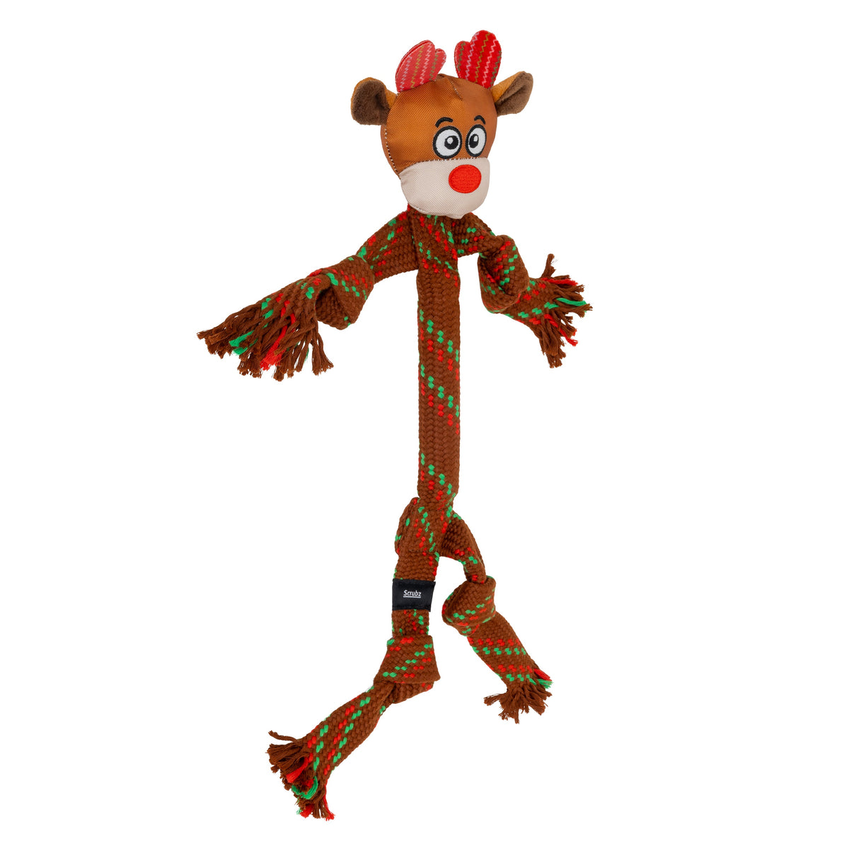 Kong Holiday Scrubz Reindeer Dog Toy - Angled view showing the floppy rope body - Kong - PetMax Canada