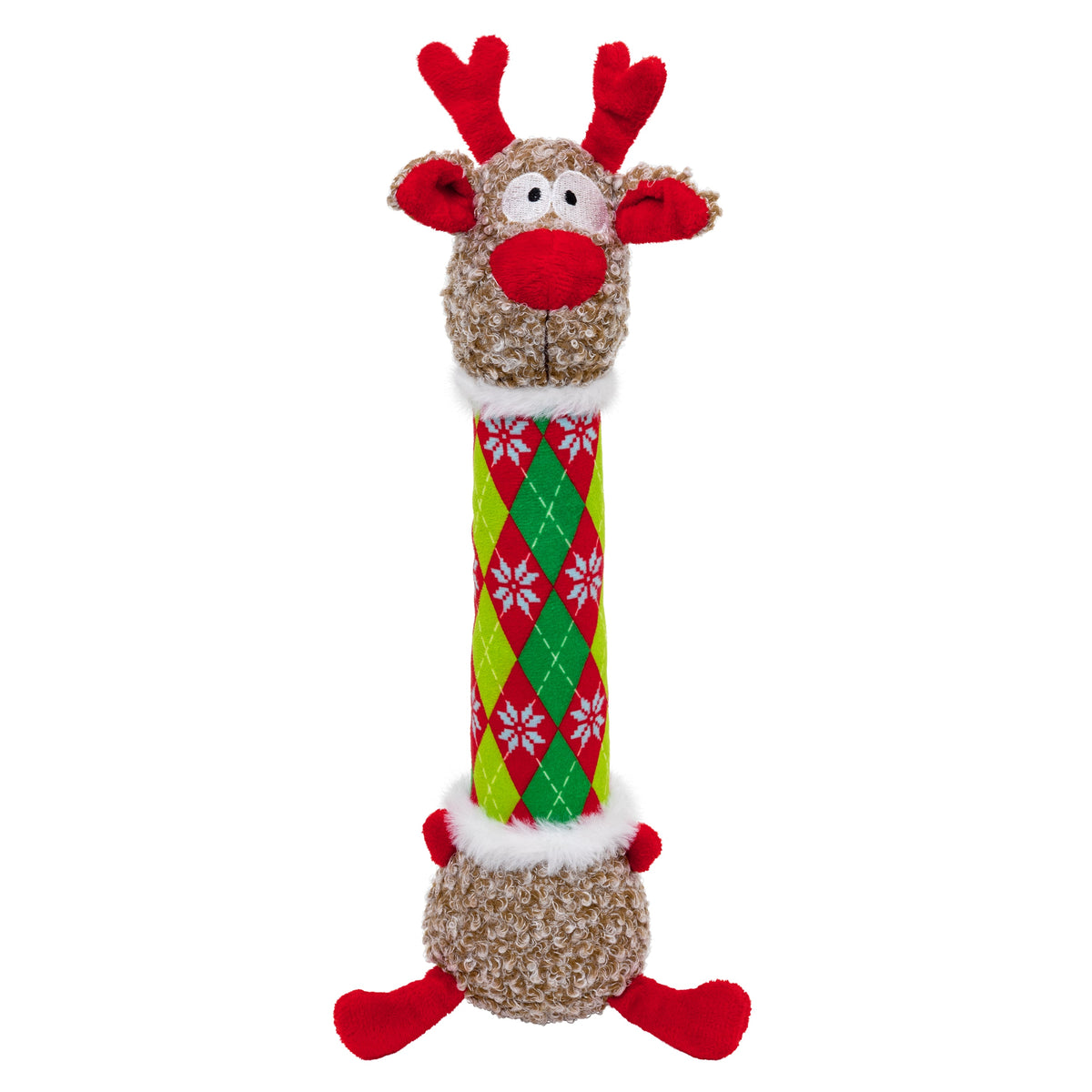 Kong Holiday Shakers Luvs Reindeer Dog Toy - Argyle - Front view of long plush reindeer with red and green argyle body - Kong - PetMax Canada