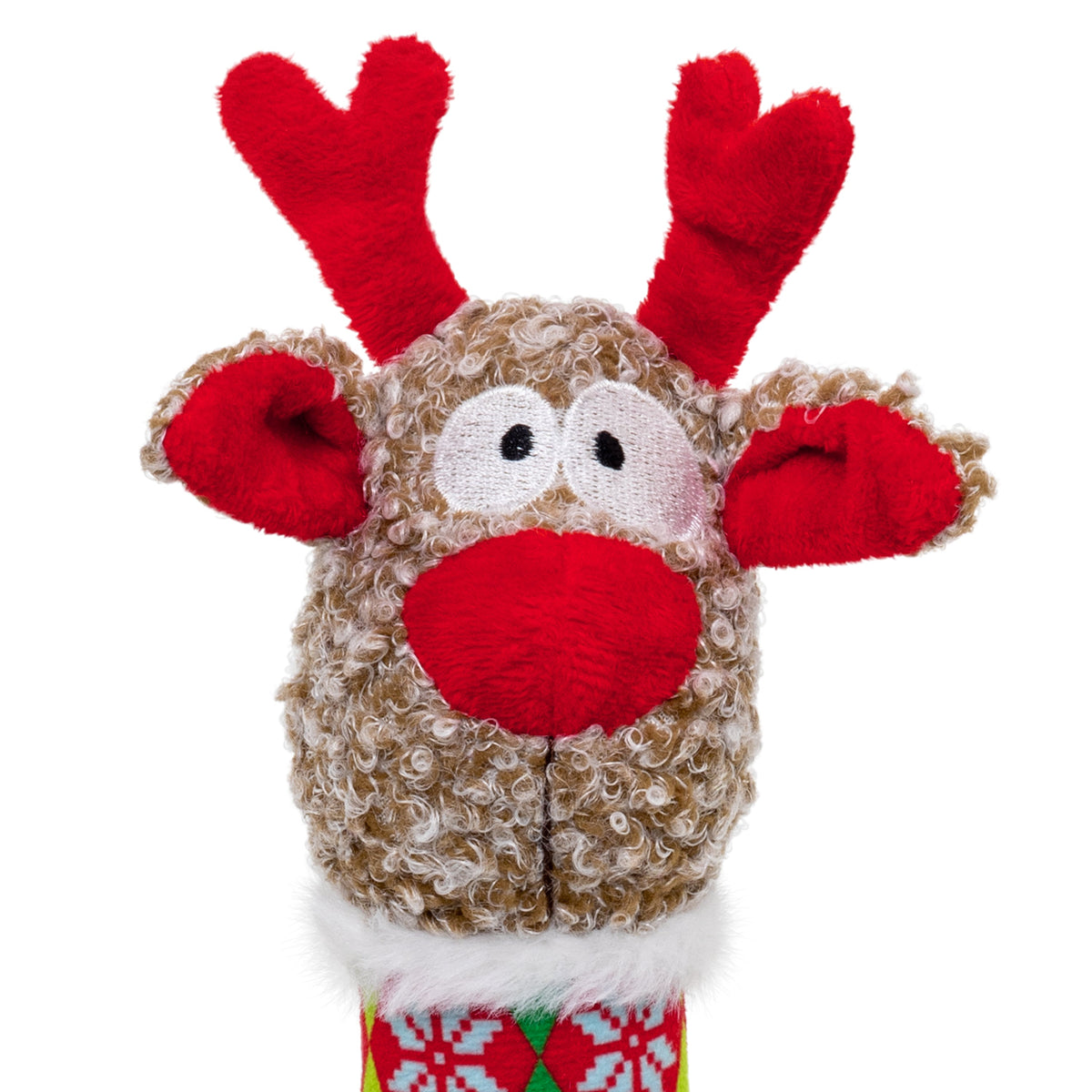 Kong Holiday Shakers Luvs Reindeer Dog Toy - Argyle - Close-up of reindeer face with red antlers, red nose and embroidered eyes - Kong - PetMax Canada