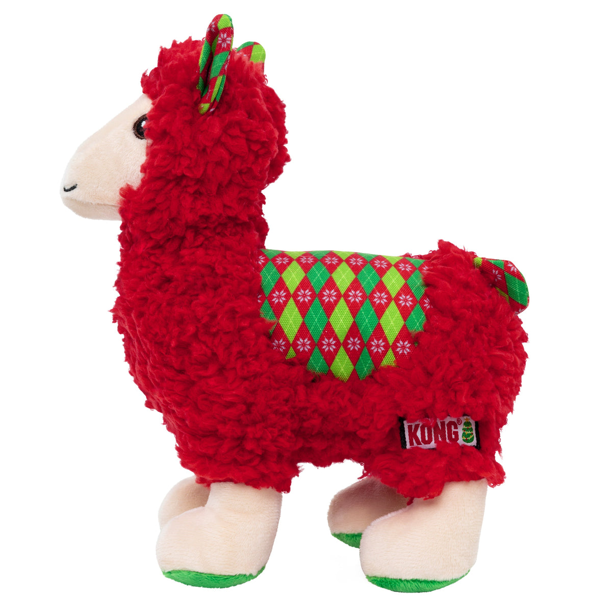 Kong Holiday Sherps Llama Dog Toy - Red - side view of the red plush llama with its argyle holiday blanket - Kong - PetMax Canada