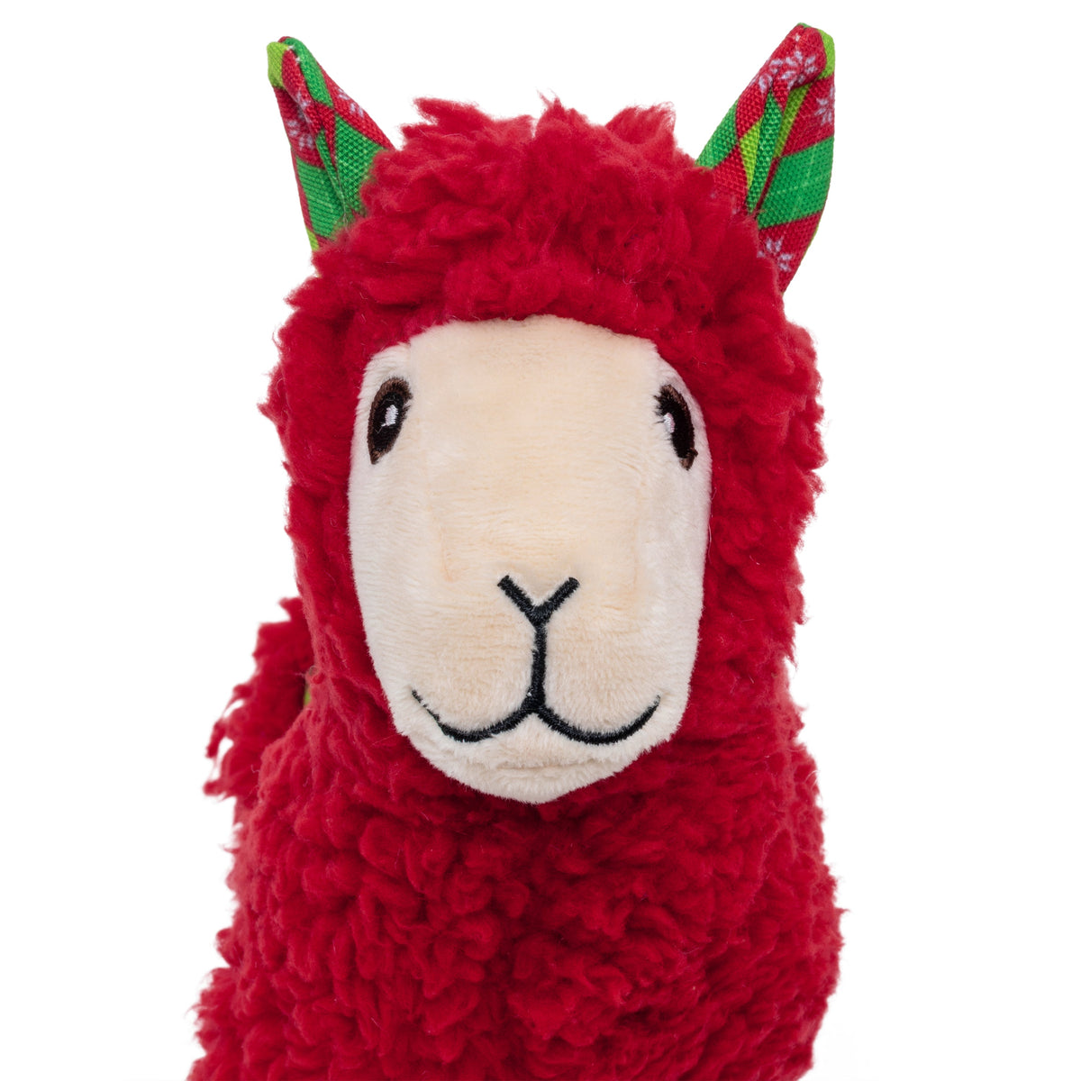 Kong Holiday Sherps Llama Dog Toy - Red - close-up of the llama's face and argyle ears - Kong - PetMax Canada