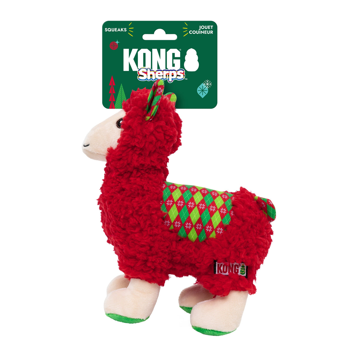 Kong Holiday Sherps Llama Dog Toy - Red - in its KONG Sherps holiday hang tag packaging - Kong - PetMax Canada