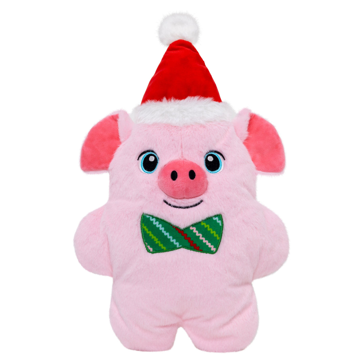 Kong Holiday Snuzzles Pig Dog Toy - pink pig in a red Santa hat and green bow tie, front view - Kong - PetMax Canada