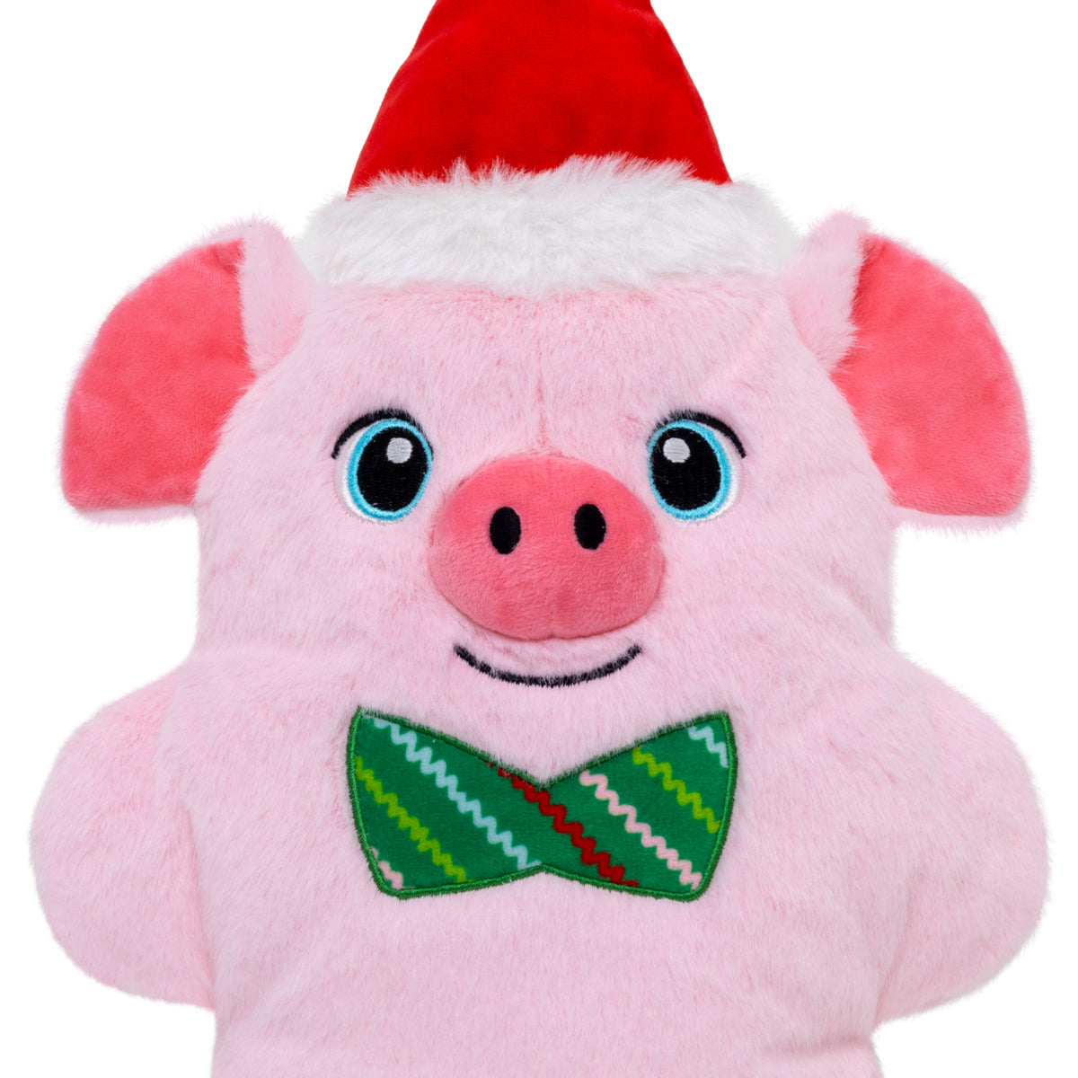 Kong Holiday Snuzzles Pig Dog Toy - close-up of the embroidered face, snout and striped bow tie - Kong - PetMax Canada