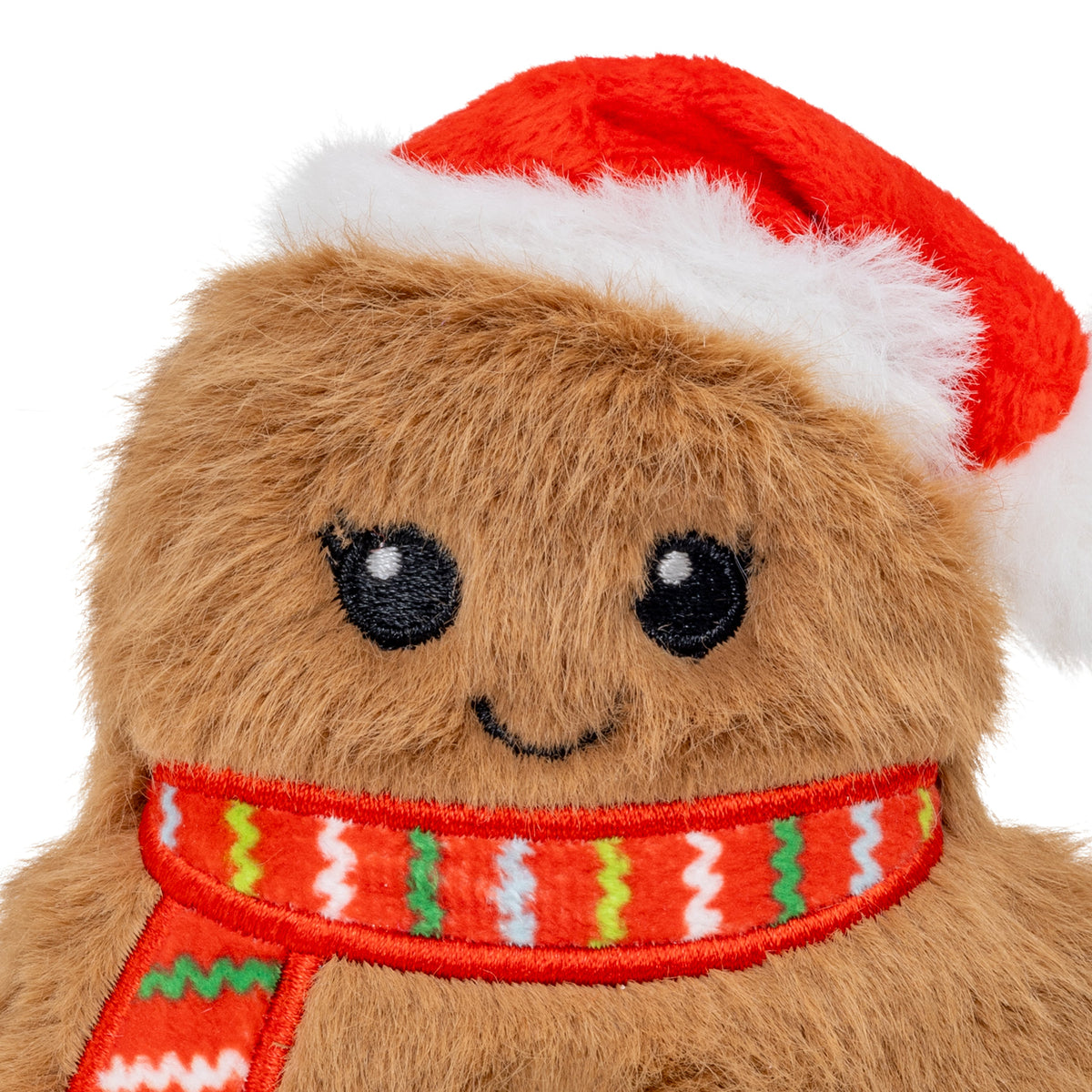 Kong Holiday Snuzzles Mini Santa Gingerbread Dog Toy - close-up of embroidered face, Santa hat and scarf - Kong - PetMax Canada