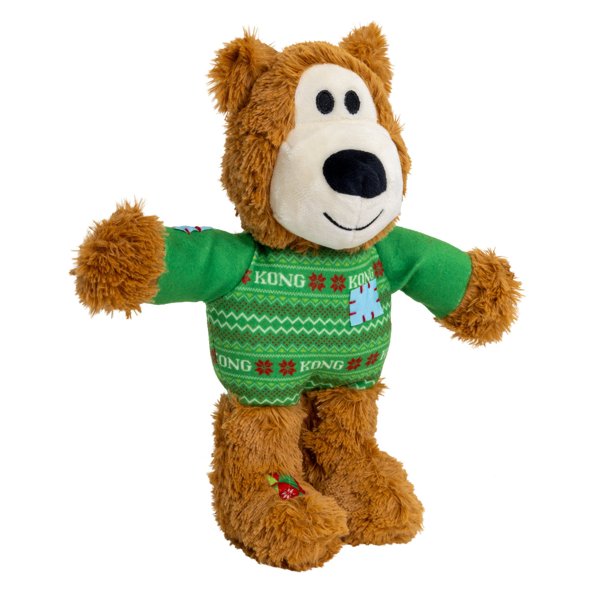 Kong Holiday Wild Knots Sweater Bear Dog Toy - Green - three-quarter side view of the sweater bear - Kong - PetMax Canada