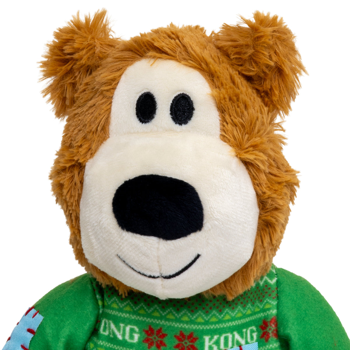 Kong Holiday Wild Knots Sweater Bear Dog Toy - Green - close-up of embroidered face and shaggy plush - Kong - PetMax Canada