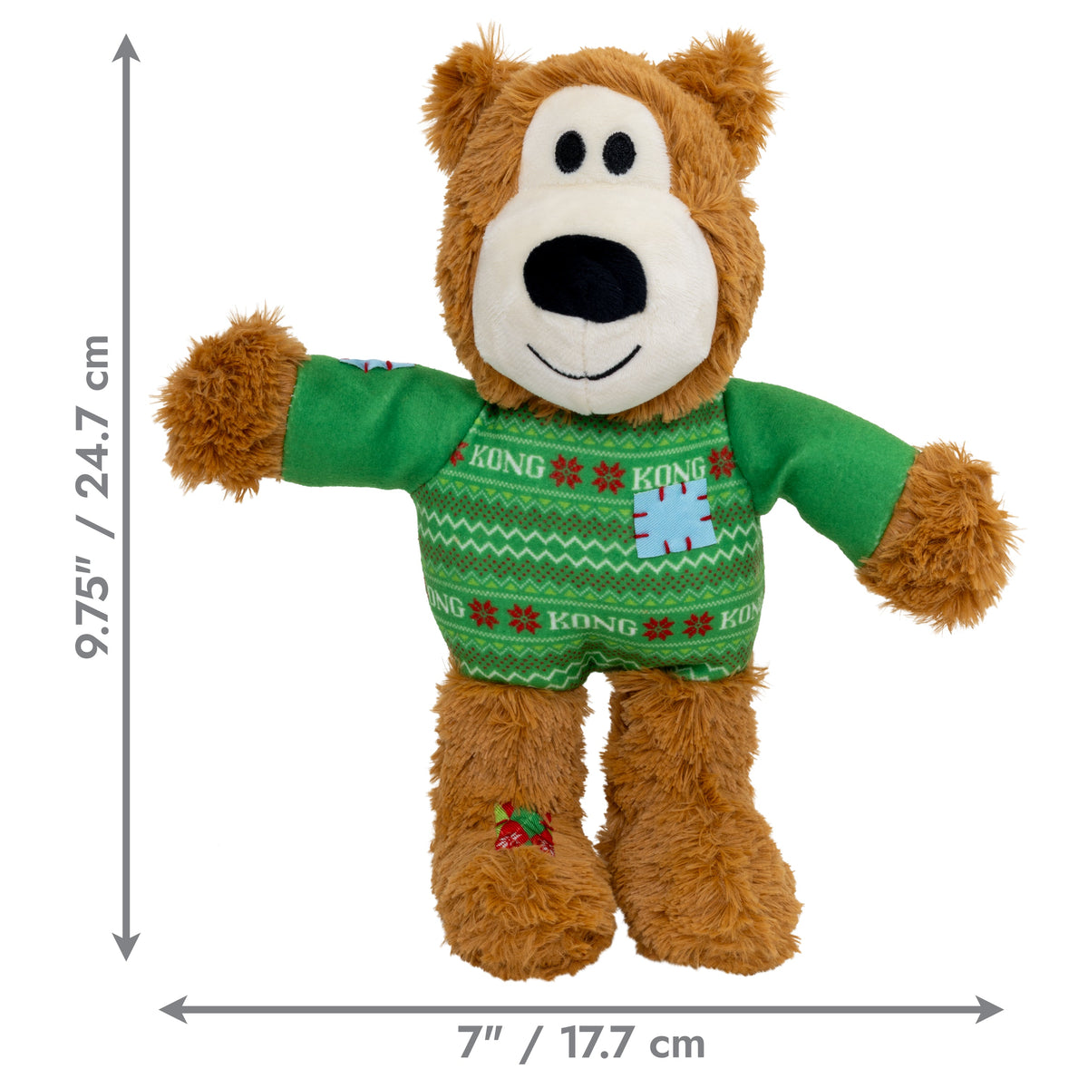 Kong Holiday Wild Knots Sweater Bear Dog Toy - Green - dimensions 9.75 in (24.7 cm) tall by 7 in (17.7 cm) wide - Kong - PetMax Canada