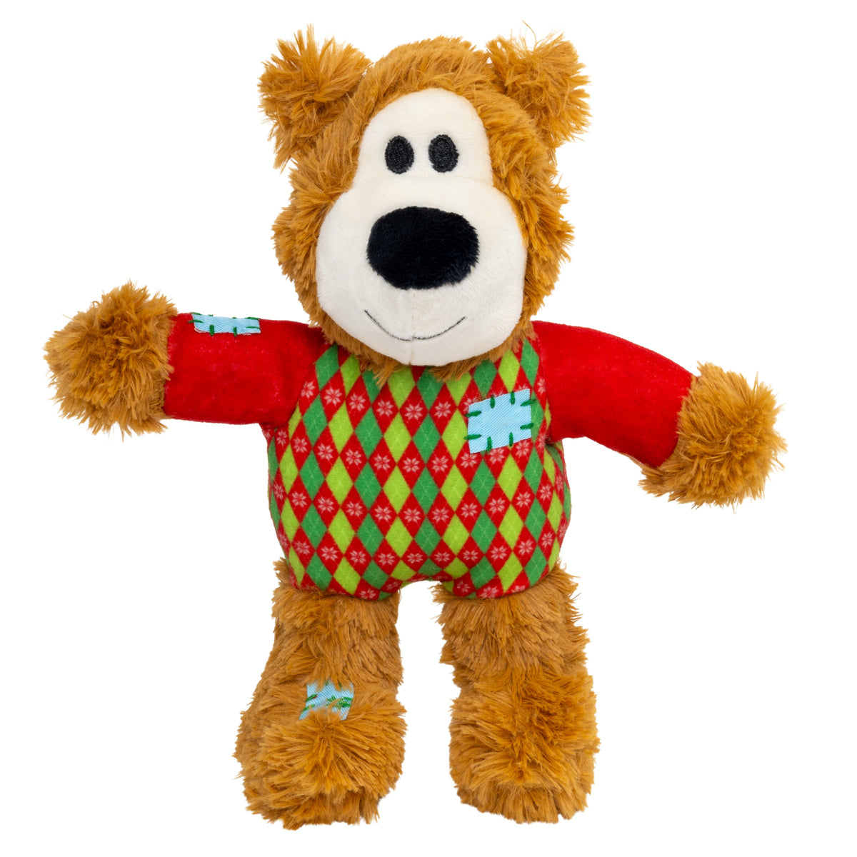 Kong Holiday Wild Knots Sweater Bear Dog Toy - Red - front view of the bear in its red argyle sweater - Kong - PetMax Canada