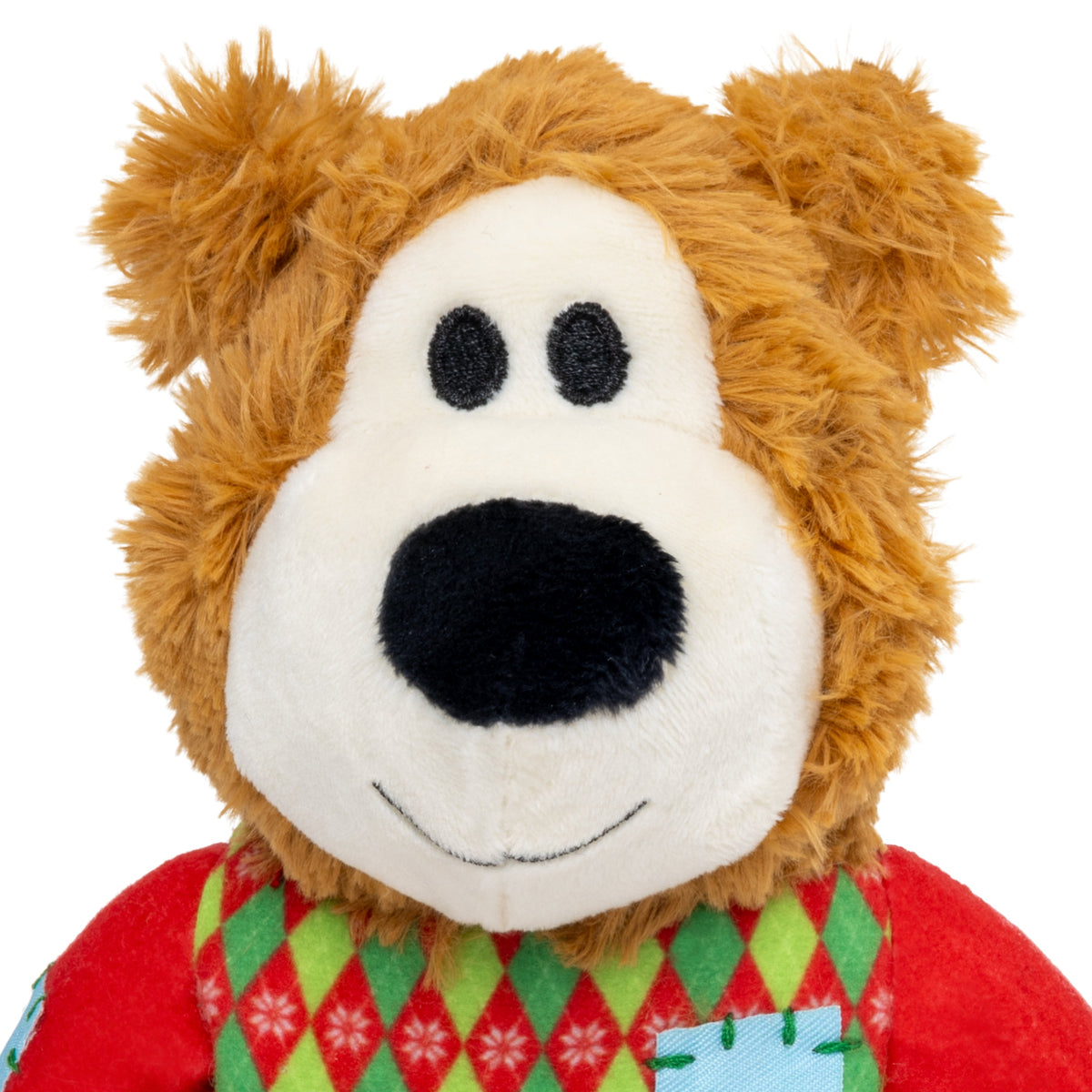 Kong Holiday Wild Knots Sweater Bear Dog Toy - Red - close-up of the face and sweater - Kong - PetMax Canada