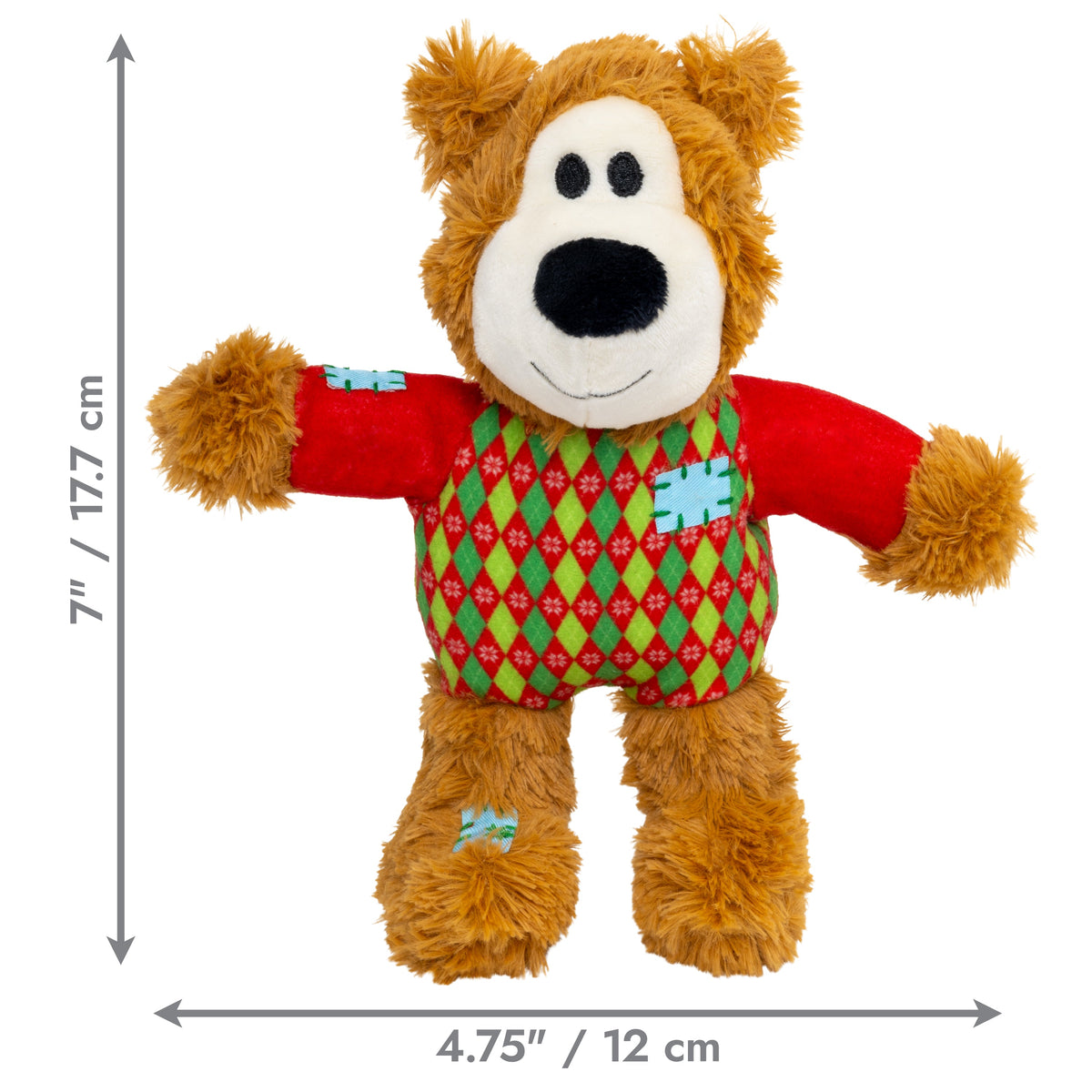 Kong Holiday Wild Knots Sweater Bear Dog Toy - Red - dimension graphic, 7 in tall by 4.75 in wide (17.7 x 12 cm) - Kong - PetMax Canada