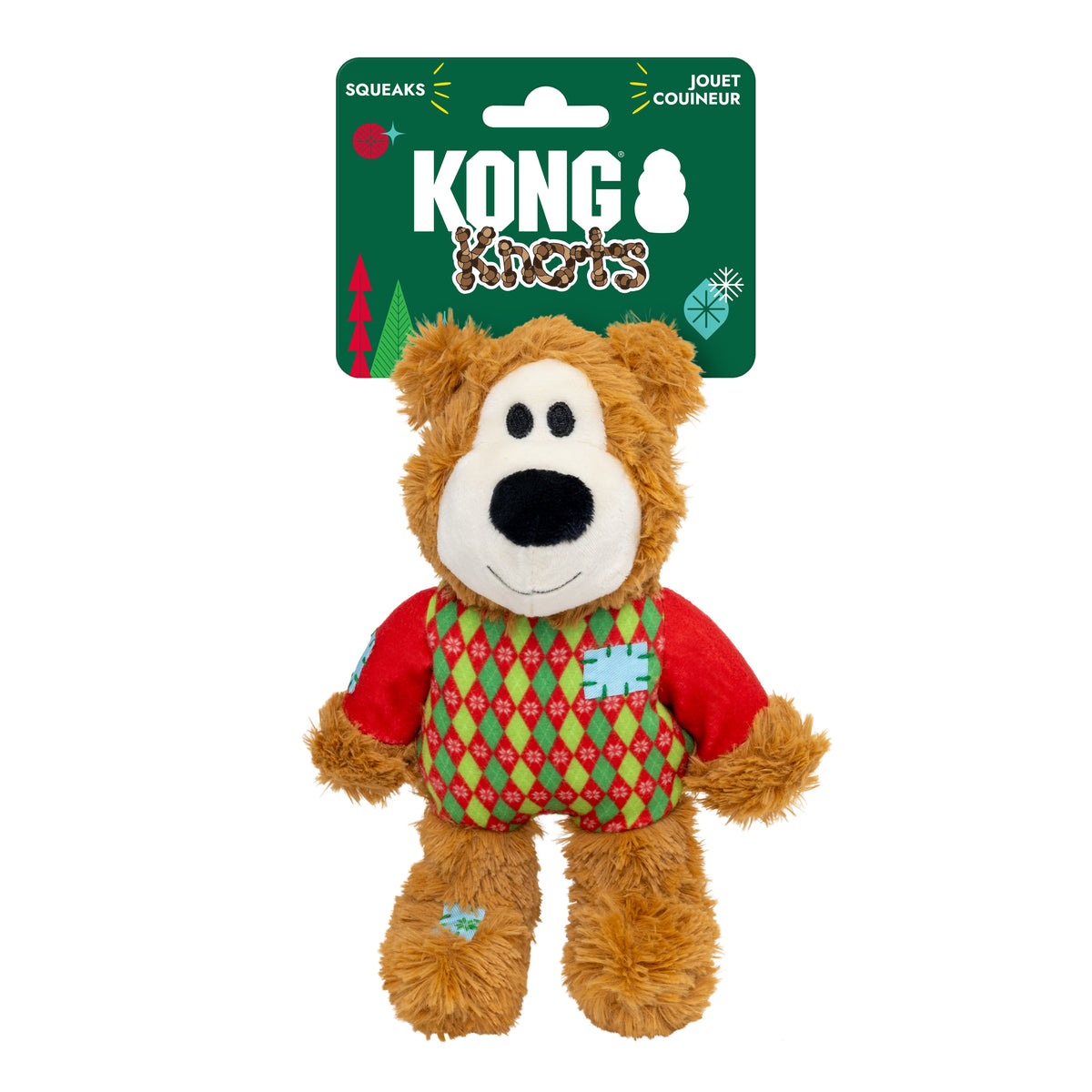 Kong Holiday Wild Knots Sweater Bear Dog Toy - Red - on its KONG Knots hang tag - Kong - PetMax Canada