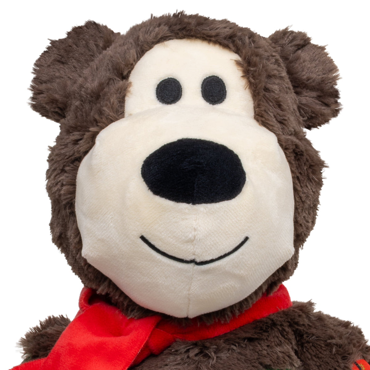 Kong Holiday Wild Knots Jumbo Bear Dog Toy - Brown - close-up of the cream face with embroidered eyes and smile - Kong - PetMax Canada