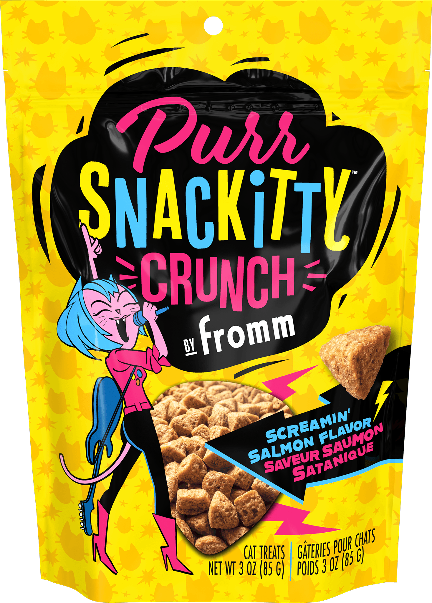 Fromm Purr-Snackitty Crunch Screamin' Salmon Cat Treats - 85g - front-transparent-bg - Fromm - PetMax Canada
