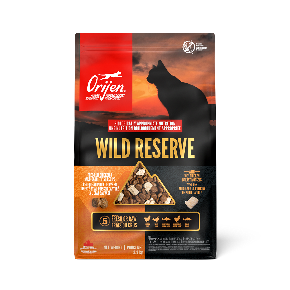 Orijen Wild Reserve Free-Run Chicken & Wild-Caught Fish Recipe Dry Cat Food - Front of bag, Canadian bilingual pack - Orijen - PetMax Canada
