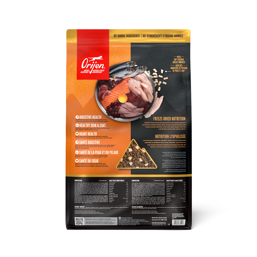 Orijen Wild Reserve Free-Run Chicken & Wild-Caught Fish Recipe Dry Cat Food - Back of bag with composition, analytical constituents and calorie content - Orijen - PetMax Canada