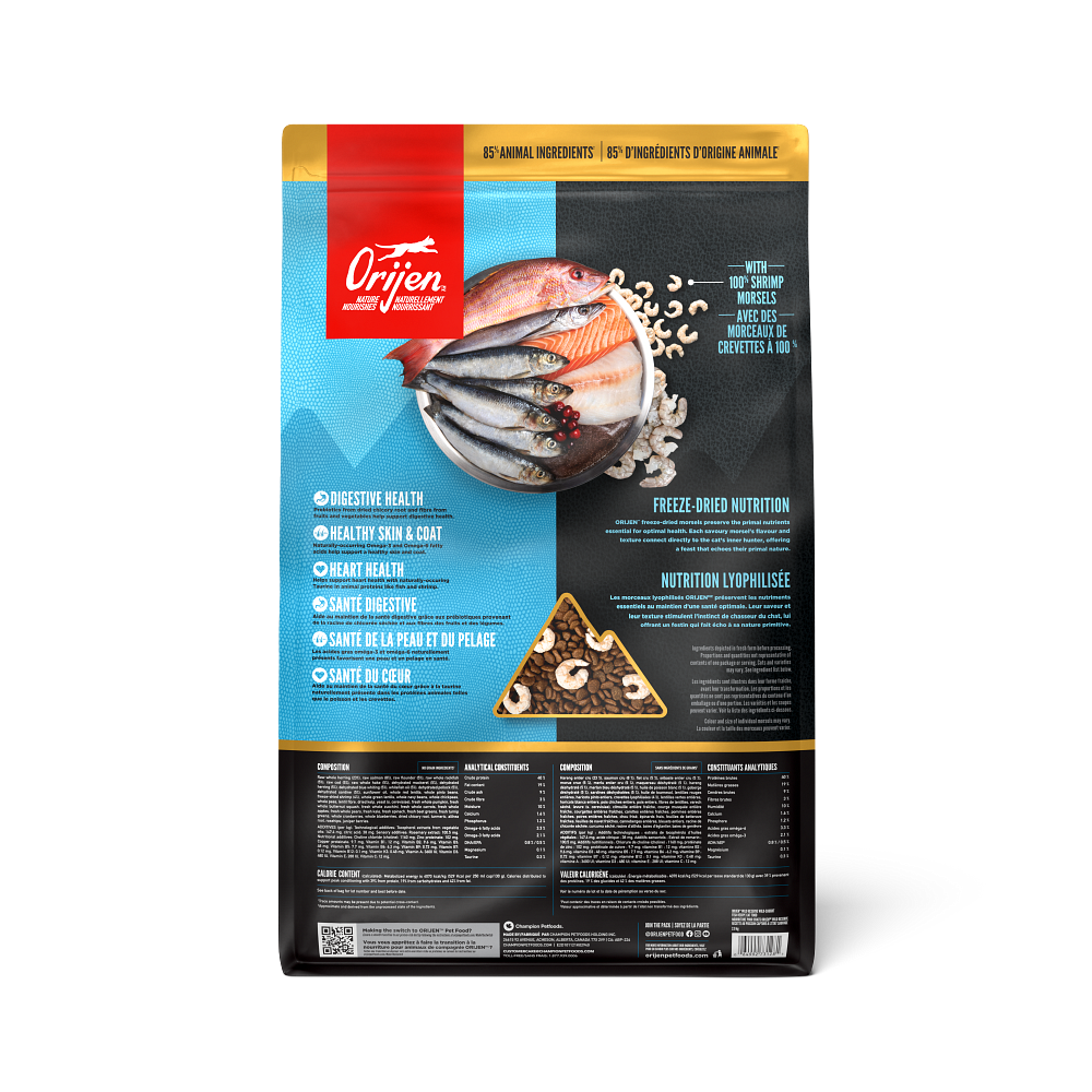 Orijen Wild Reserve Wild-Caught Fish Recipe Dry Cat Food - back of bag with ingredients and analysis panel - Orijen - PetMax Canada