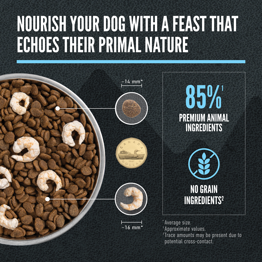 Orijen Wild Reserve Wild-Caught Fish Recipe Dry Dog Food - Kibble and shrimp morsel size with 85% animal ingredients and no grain ingredients - Orijen - PetMax Canada