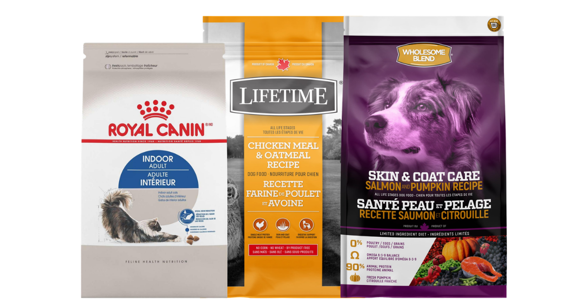 Royal Canin Indoor Adult cat food, Lifetime Chicken Meal & Oatmeal dog food and Wholesome Blend Skin & Coat Care dog food bags