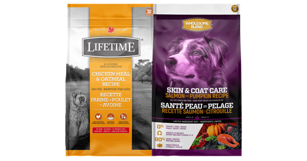 Lifetime Chicken Meal & Oatmeal dog food bag and Wholesome Blend Skin & Coat Care Salmon & Pumpkin dog food bag