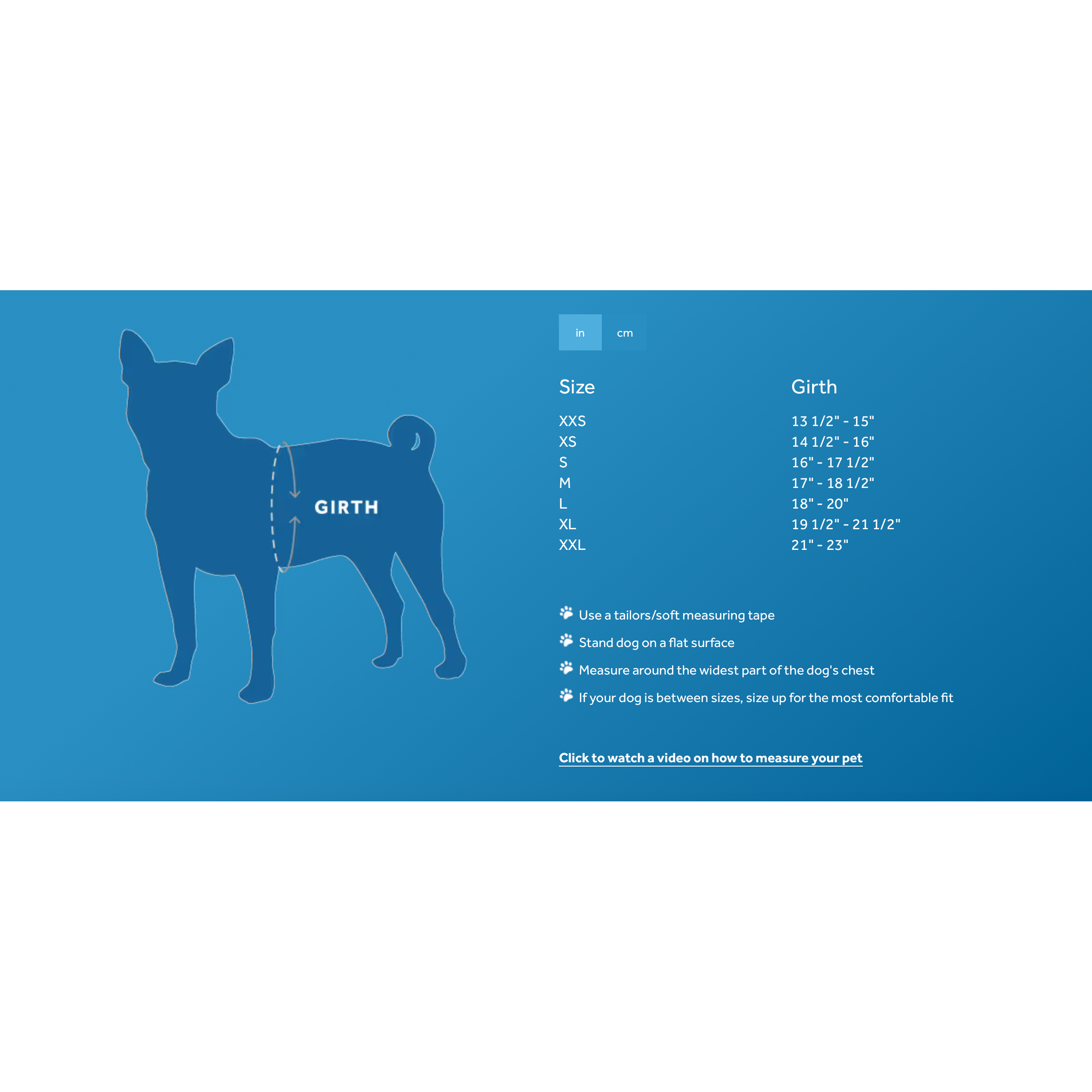 Dog girth measurement chart with size guide on a blue background