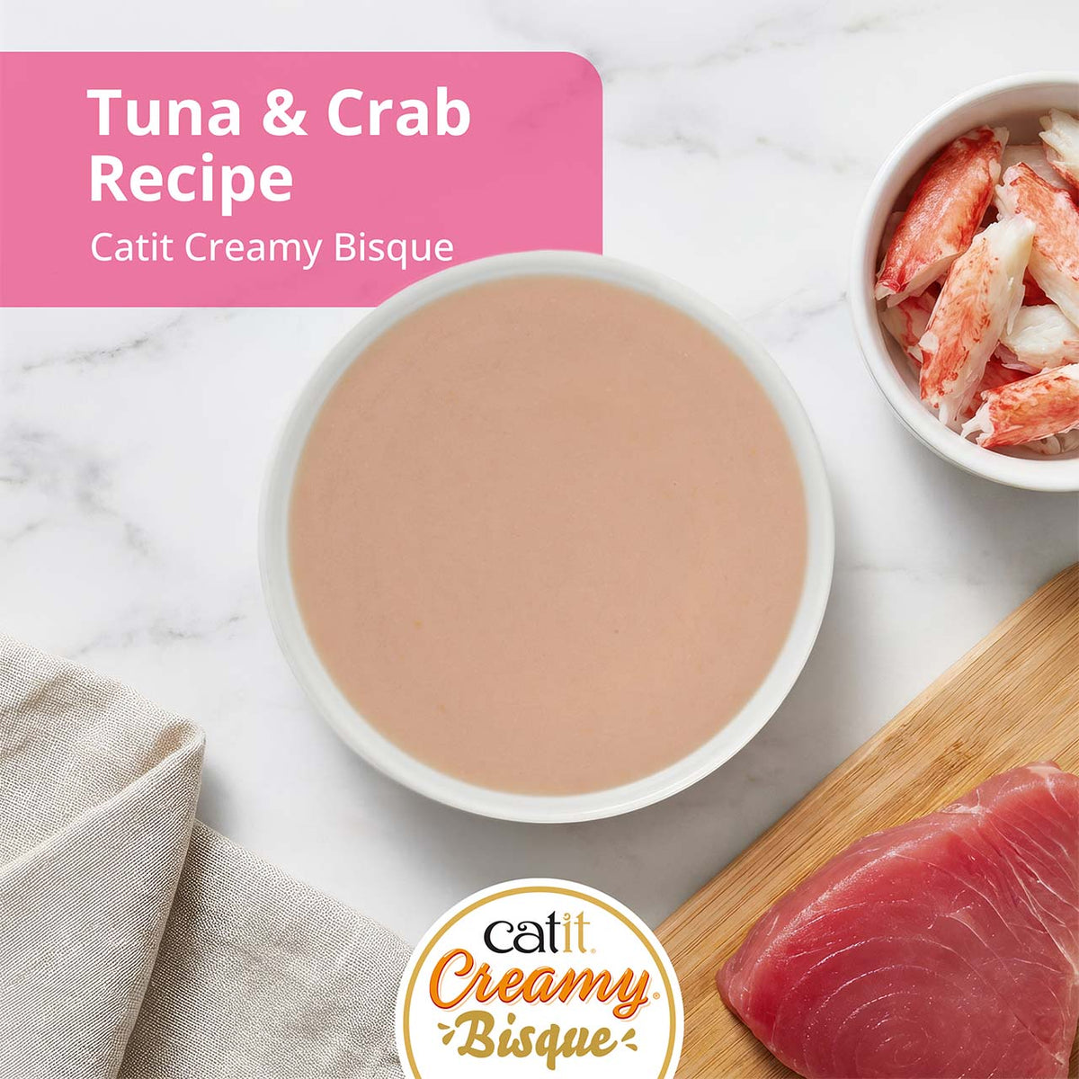 Catit Creamy Bisque Tuna & Crab Cat Treats - bisque served in a bowl with tuna and crab - PetMax Canada