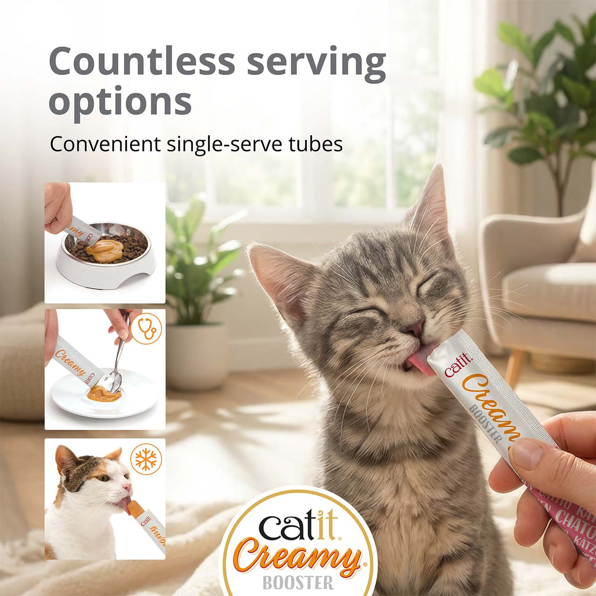 Catit Creamy Booster Tuna Kitten Treats - kitten licking a tube with serving ideas - PetMax Canada