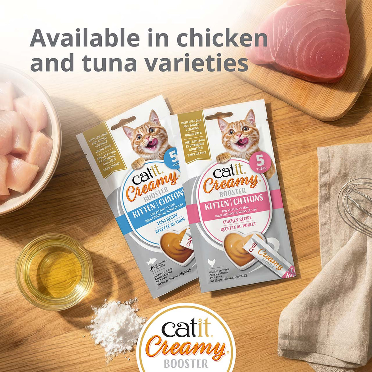 Catit Creamy Booster Tuna Kitten Treats - chicken and tuna Creamy Booster Kitten packs - PetMax Canada