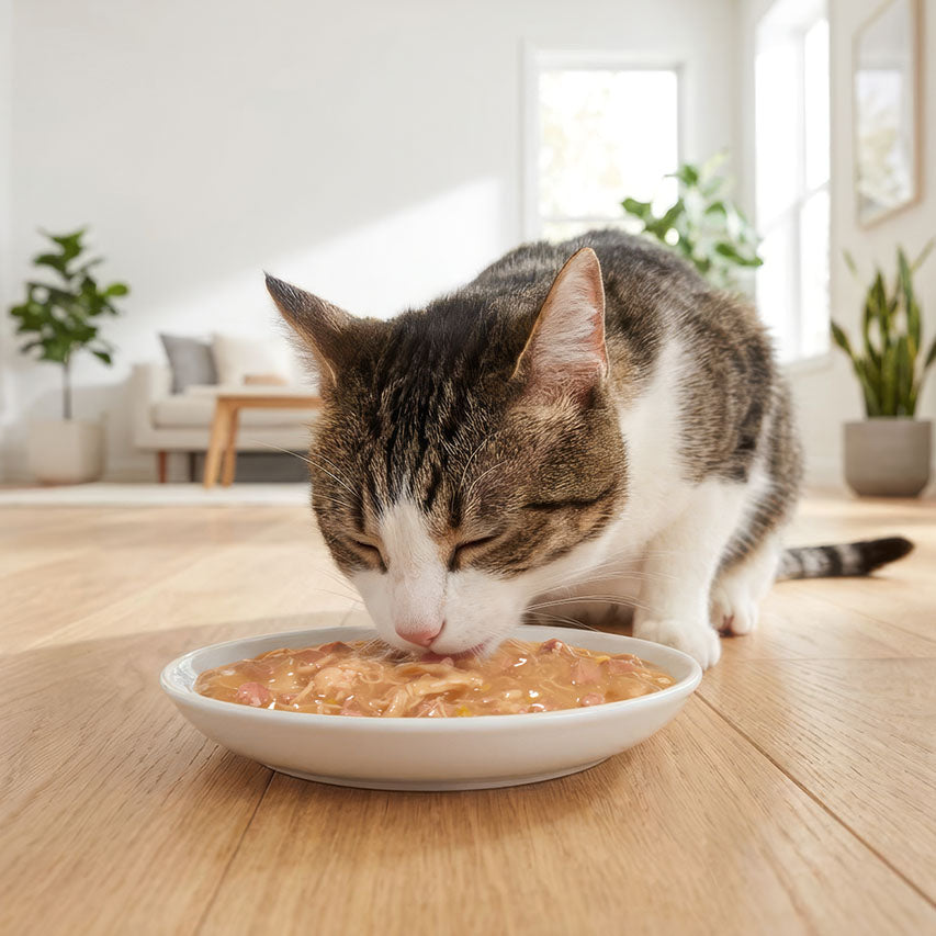 Catit Creamy Broth Chicken & Liver Cat Treats - tabby cat eating the broth - PetMax Canada