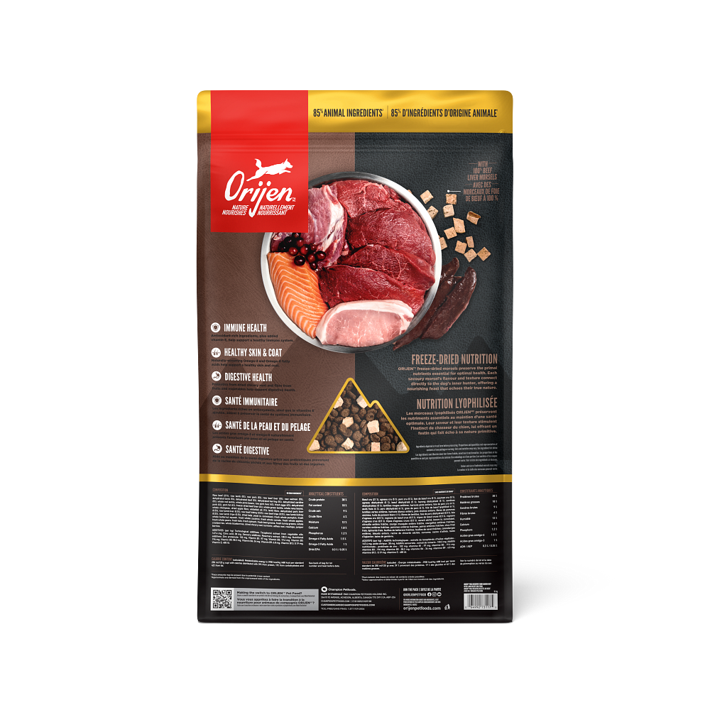 Orijen Wild Reserve Farm-Raised Beef & Lamb Recipe Dry Dog Food - Back of bag with ingredients and analysis - Orijen - PetMax Canada