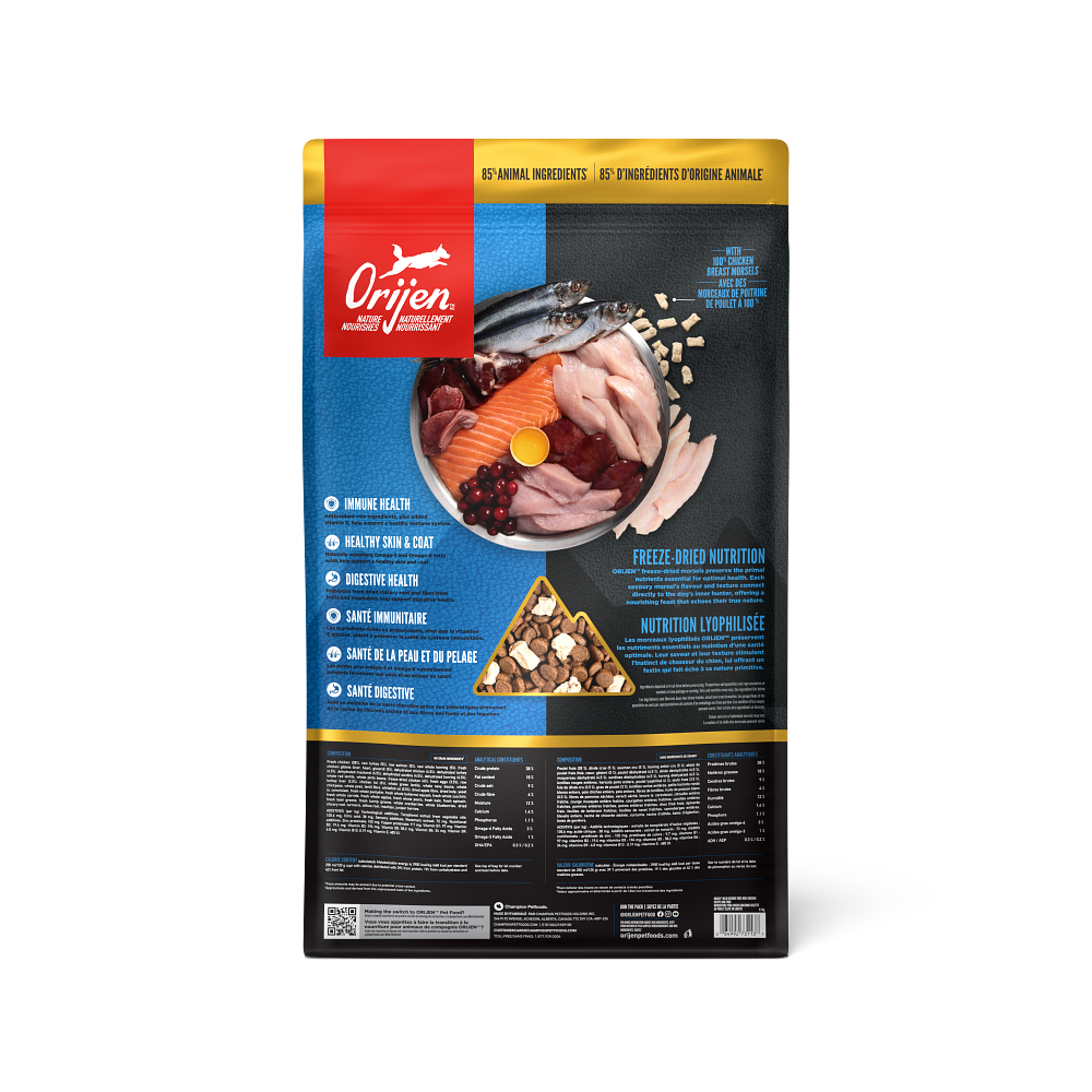 Orijen Wild Reserve Free-Run Chicken Recipe Dry Dog Food - Back of bag with benefits, composition and analytical constituents - Orijen - PetMax Canada