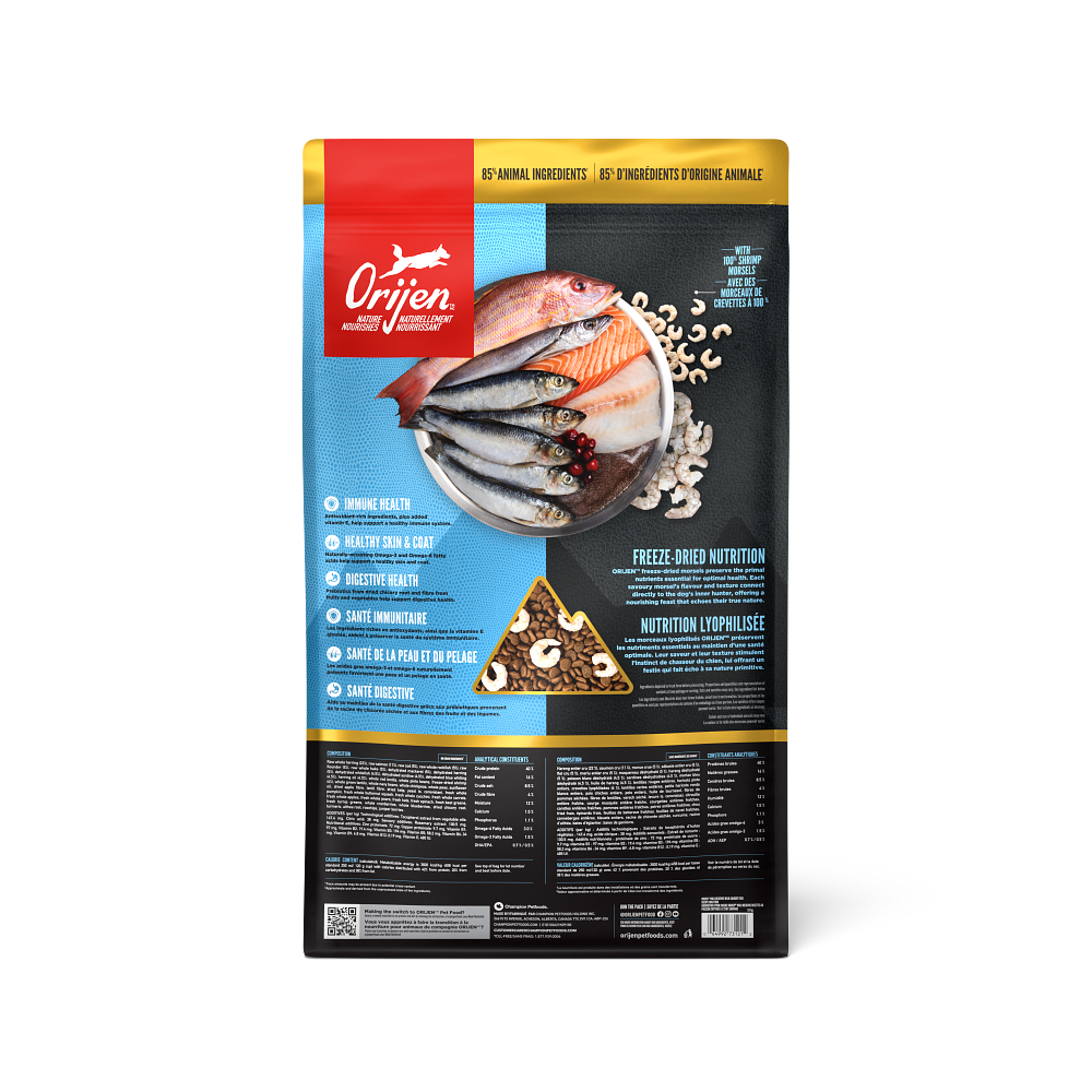 Orijen Wild Reserve Wild-Caught Fish Recipe Dry Dog Food - Back of bag with composition, analytical constituents and calorie content - Orijen - PetMax Canada