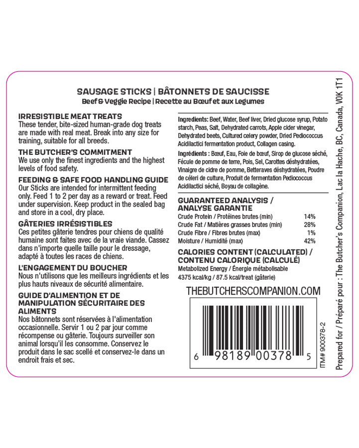 The Butchers Companion Beef & Veggie Sausage Sticks 5"