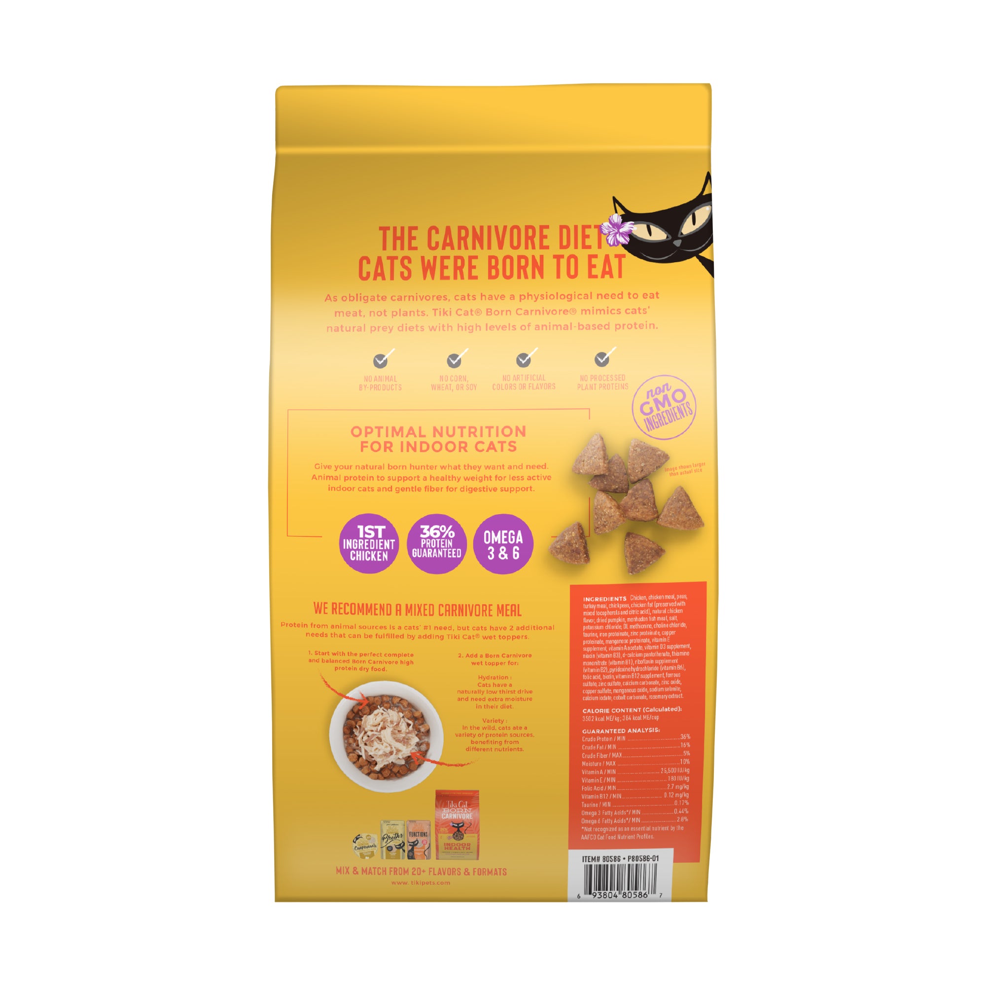 Tiki Cat Born Carnivore Indoor Health Chicken & Turkey Meal Recipe Dry Cat Food - Back of Pack Nutrition Info - Tiki Cat - PetMax Canada