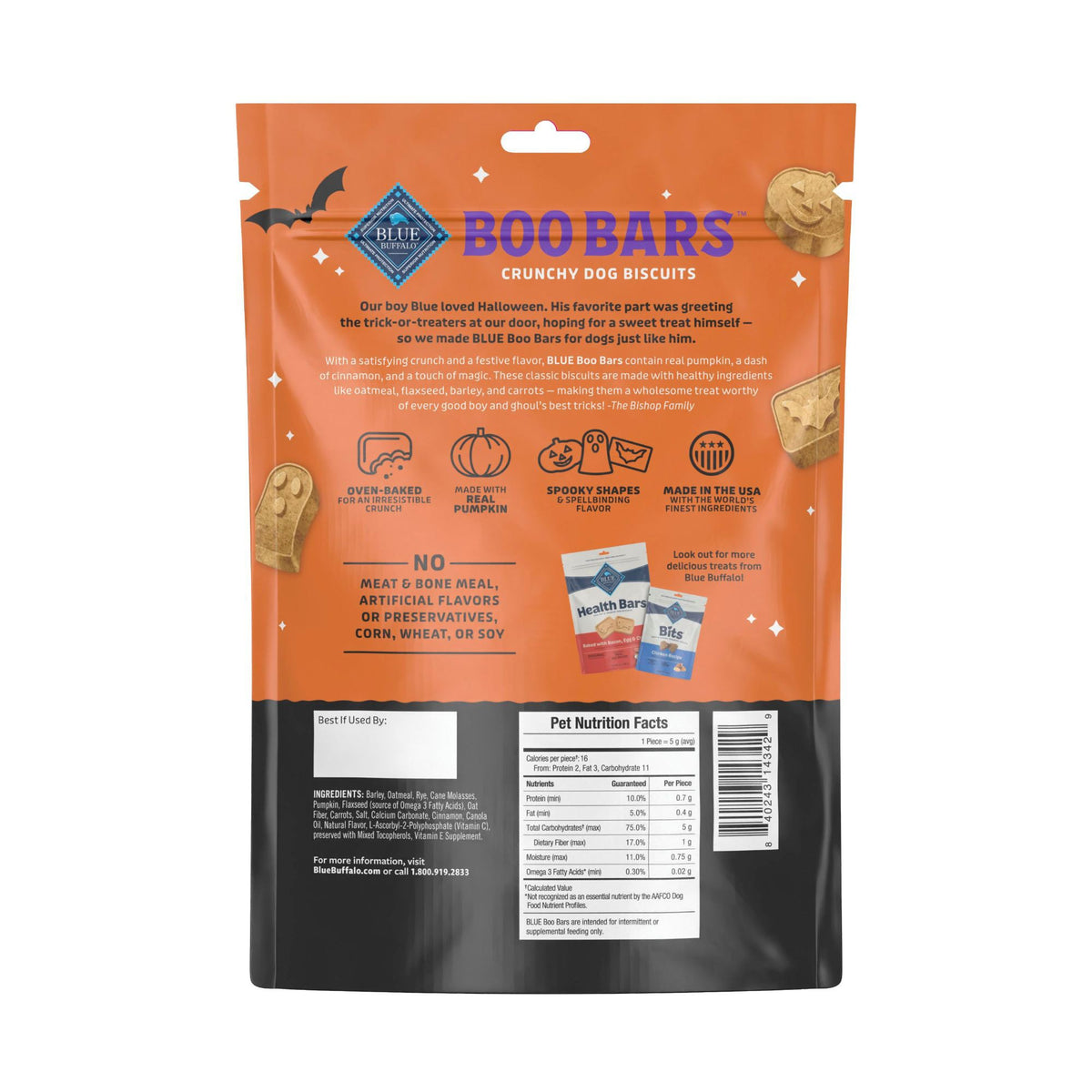 Blue Buffalo Boo Bars Halloween Dog Treats Pumpkin & Cinnamon - 311g - Back of Bag with Ingredients and Nutrition Facts - Blue Buffalo - PetMax Canada