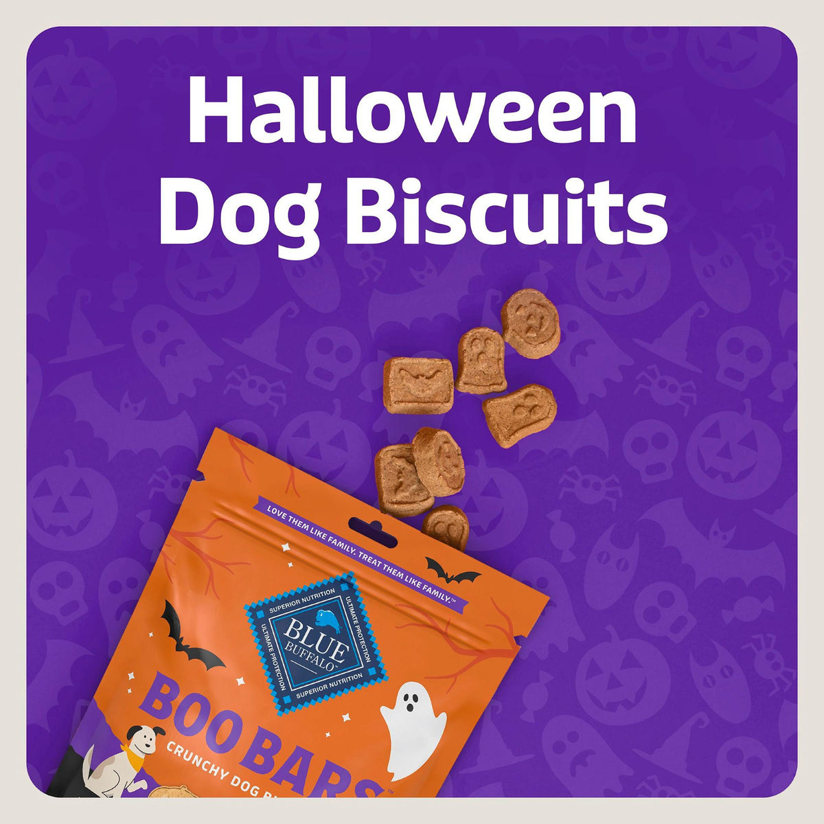 Blue Buffalo Boo Bars Halloween dog biscuits in pumpkin, ghost and bat shapes - PetMax Canada
