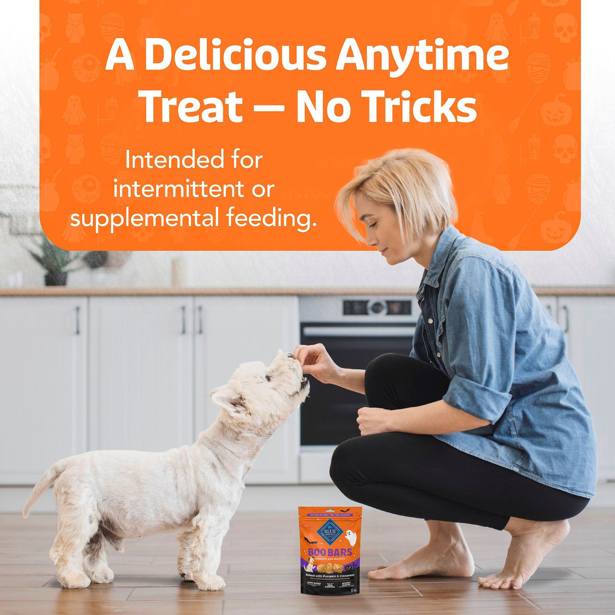 Dog enjoying Blue Buffalo Boo Bars Halloween treats at home - PetMax Canada