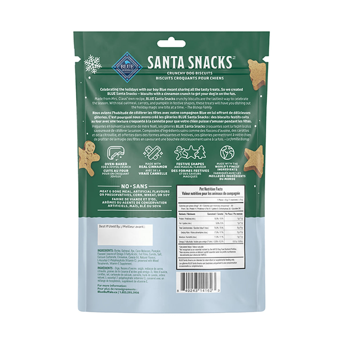 Blue Buffalo Santa Snacks Holiday Dog Treats Oatmeal & Cinnamon - 311g - Back of Bag with Ingredients and Nutrition Facts - Blue Buffalo - PetMax Canada