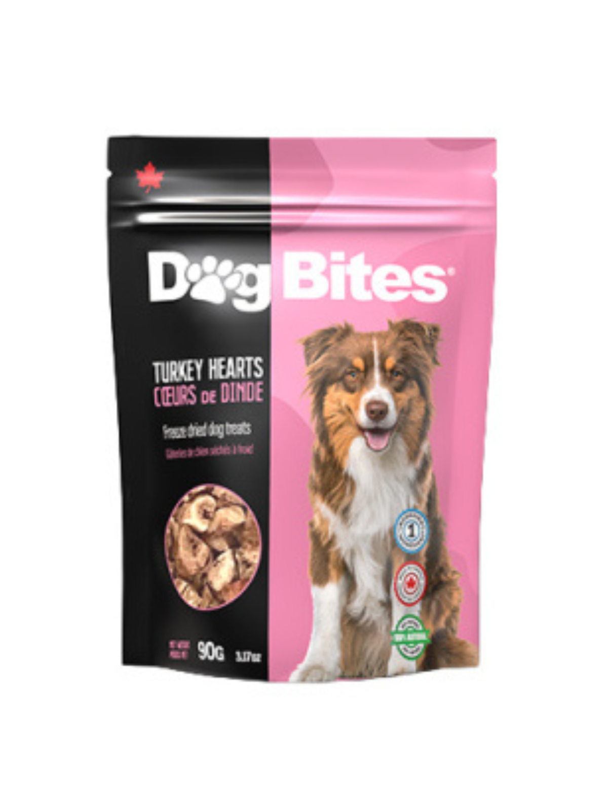 Dog Bites Freeze Dried Turkey Hearts Dog Treats - Front of the 90 g pouch - Dog Bites - PetMax Canada