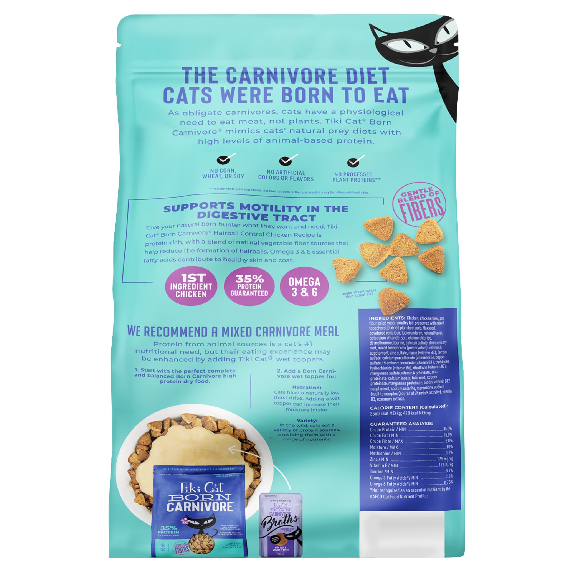 Tiki Cat Born Carnivore Hairball Chicken Recipe Dry Cat Food - Back of Pack Nutrition Info - Tiki Cat - PetMax Canada