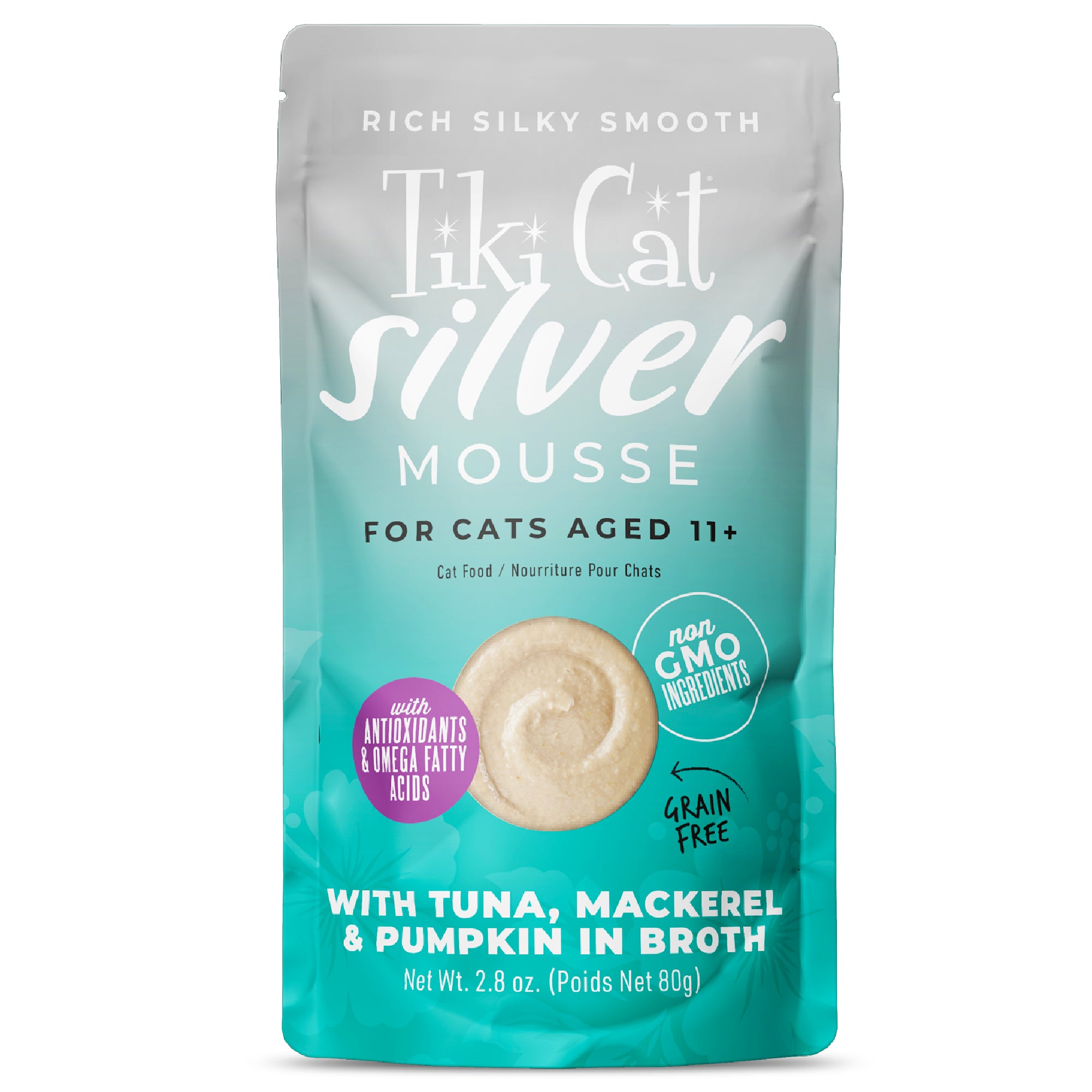 Tiki Cat Silver Mousse with Tuna, Mackerel & Pumpkin in Broth Wet Cat Food - Front of Pouch - Tiki Cat - PetMax Canada