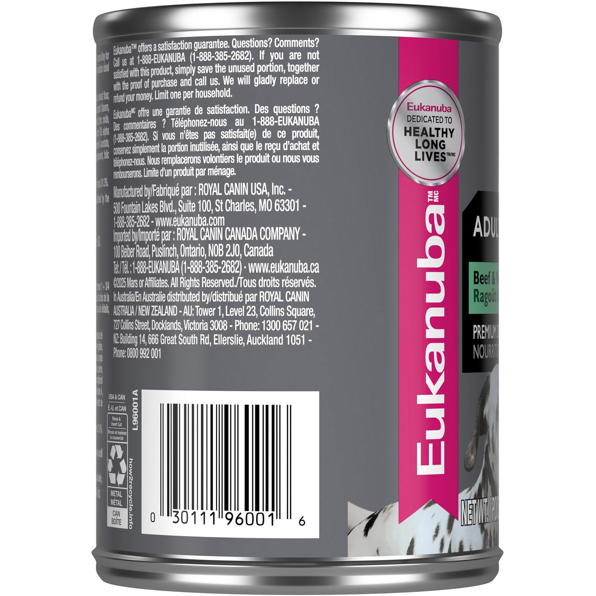 Back of can with barcode - Eukanuba Adult Beef & Vegetable Stew Canned Dog Food - PetMax Canada