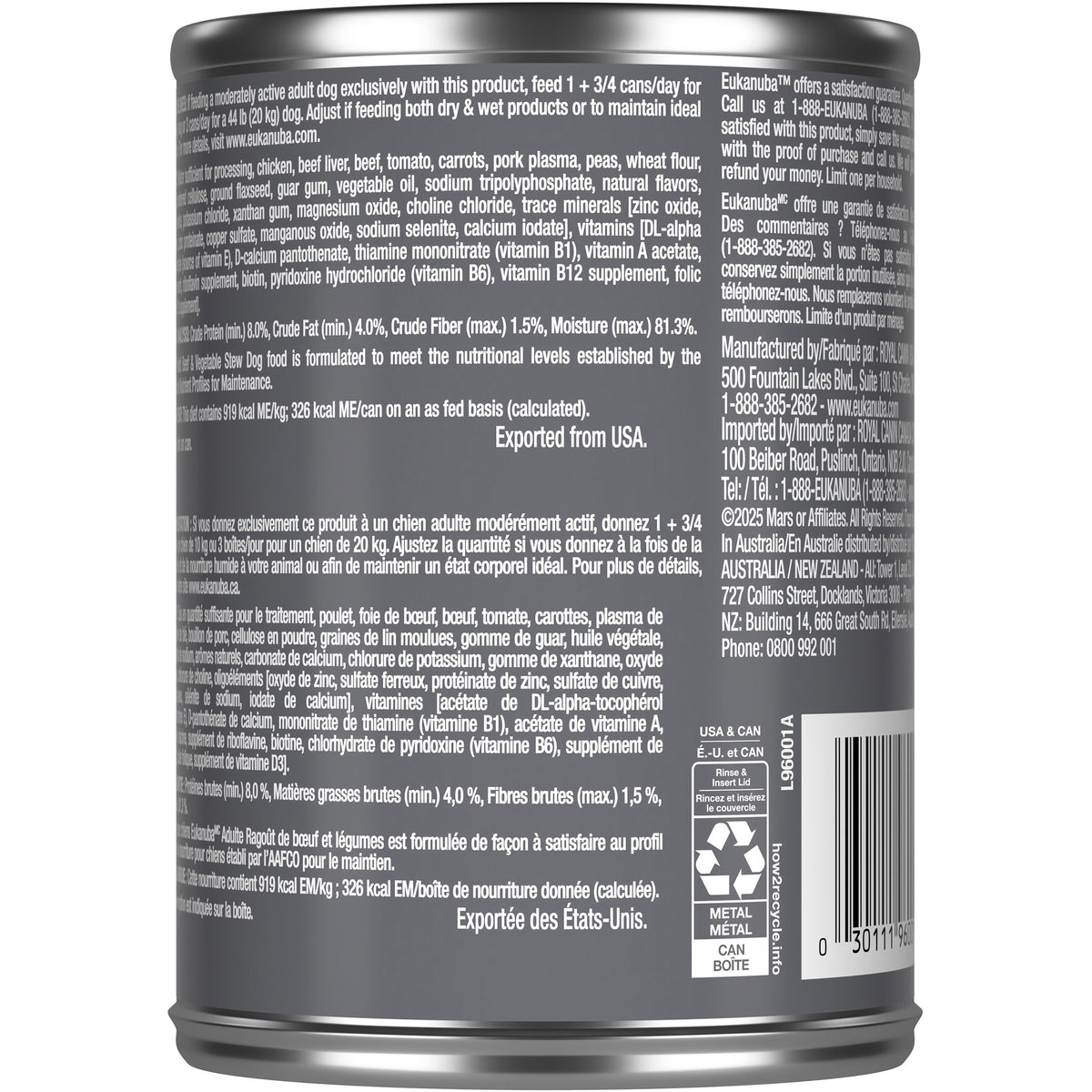 Side of can, feeding guidelines - Eukanuba Adult Beef & Vegetable Stew Canned Dog Food - PetMax Canada