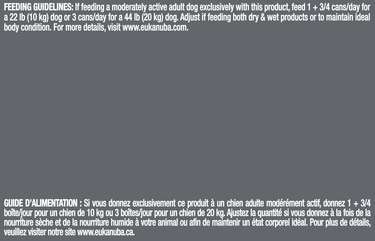 Feeding guidelines panel - Eukanuba Adult Beef & Vegetable Stew Canned Dog Food - PetMax Canada