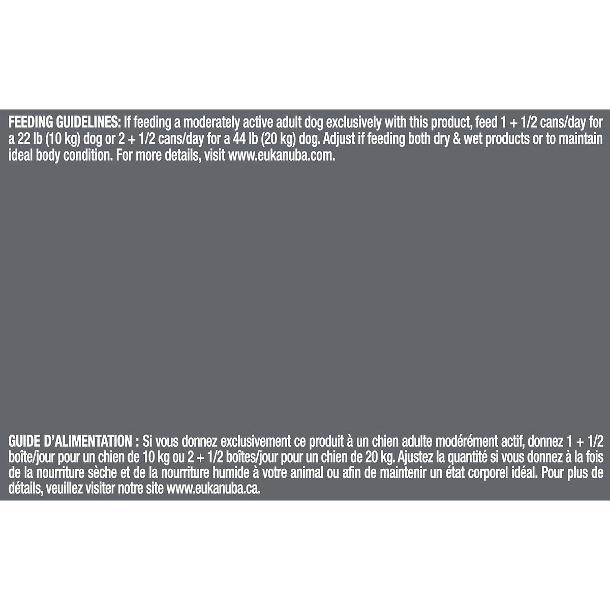 Feeding guidelines panel - Eukanuba Canned Dog Food Lamb & Rice Entree - PetMax Canada