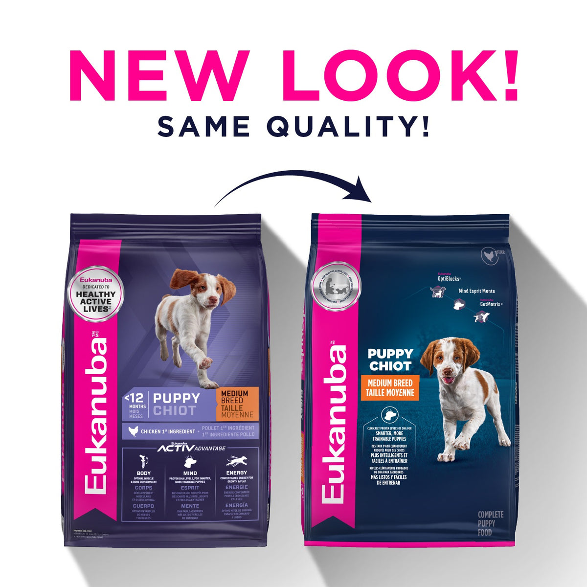 New look, same quality - the purple Eukanuba Puppy Medium Breed bag is now navy and magenta - PetMax Canada