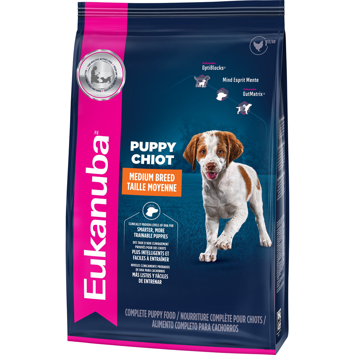 Eukanuba Puppy Medium Breed Dry Dog Food front of bag, left angle - Dog Food - Eukanuba - PetMax Canada